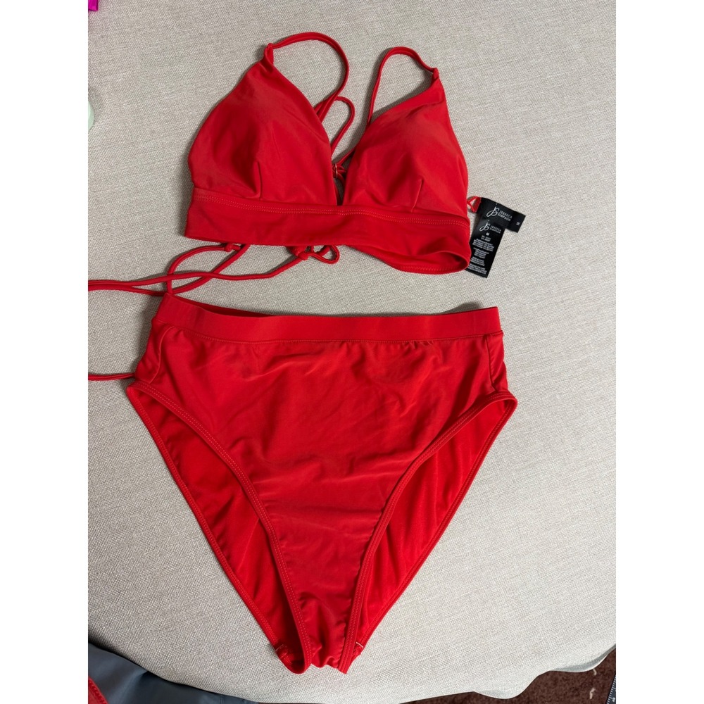 Jessica Simpson Womens Red Lace Up Bikini Set High Waisted Two Piece Swimsuit M